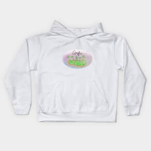 Corfu watercolor Island travel, beach, sea and palm trees. Holidays and vacation, summer and relaxation Kids Hoodie